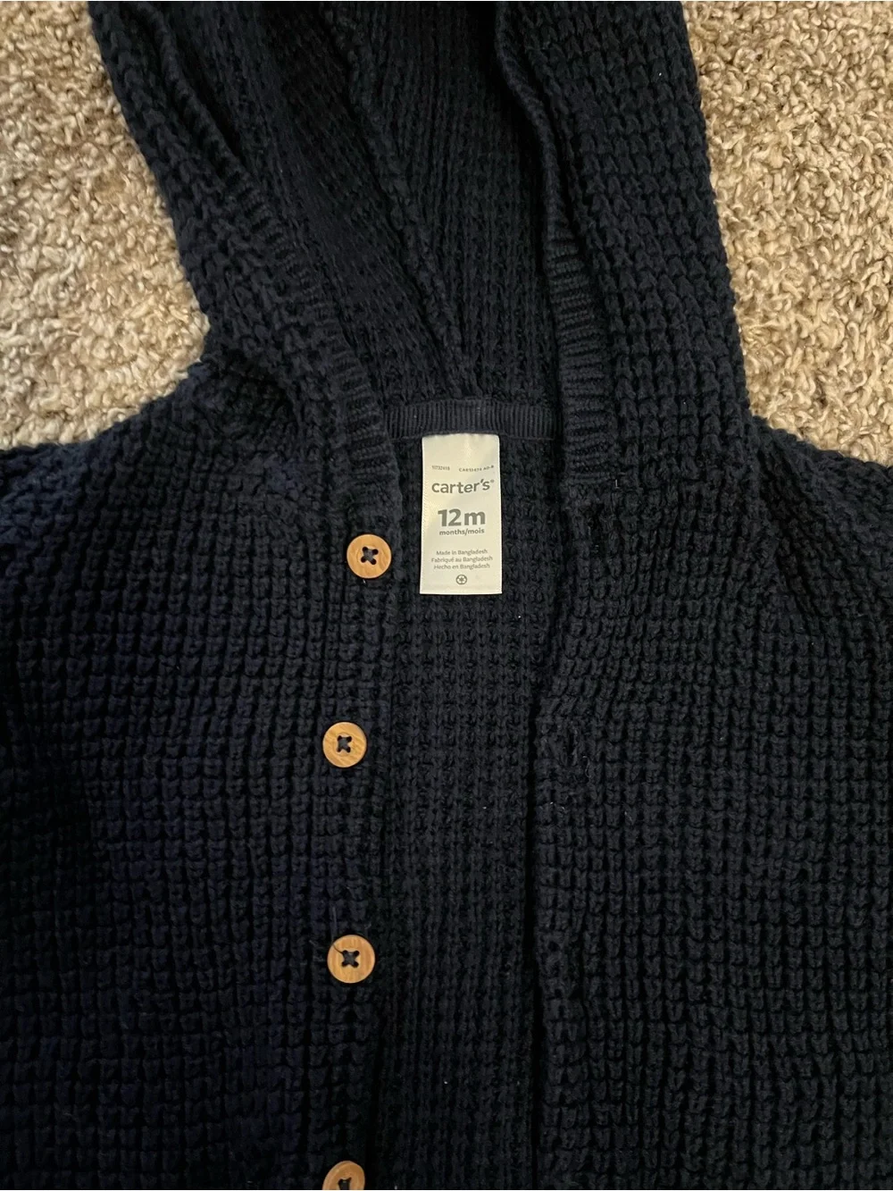 Carter's Navy Hooded Knit Baby Cardigan with Wood Buttons
